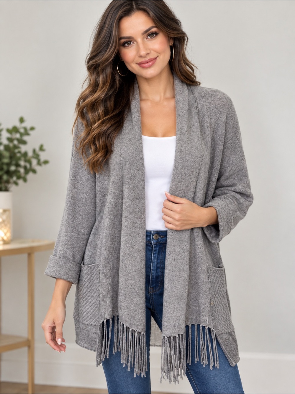 Magaschoni Open Front Fringe Cardigan Sweater Women’s Size Medium Gray !